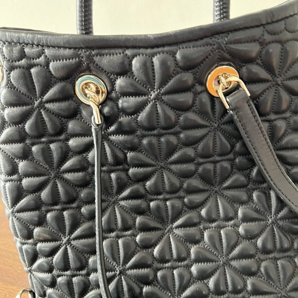 New Kate Spade Bloom Medium Quilted Leather Backpack Black Drawstring Chain $478